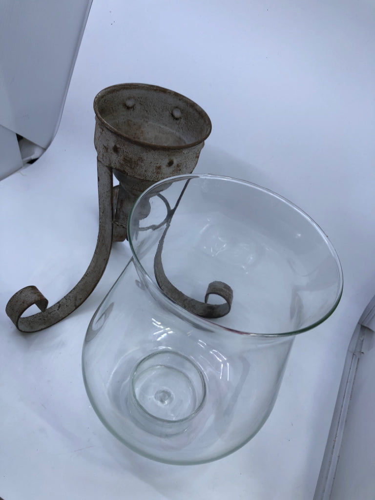 LARGE RUSTIC METAL + GLASS CANDLE HOLDER.