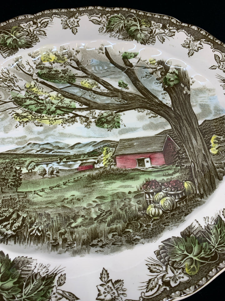 2 OVAL RED BARN SCENE JOHNSON BROS SERVING PLATTERS.