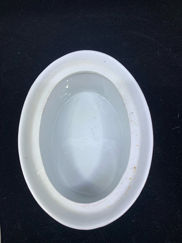OVAL CERAMIC WHITE CONTAINER BLUE/GREEN/PINK DETAILS W/ ROOSTER LID.
