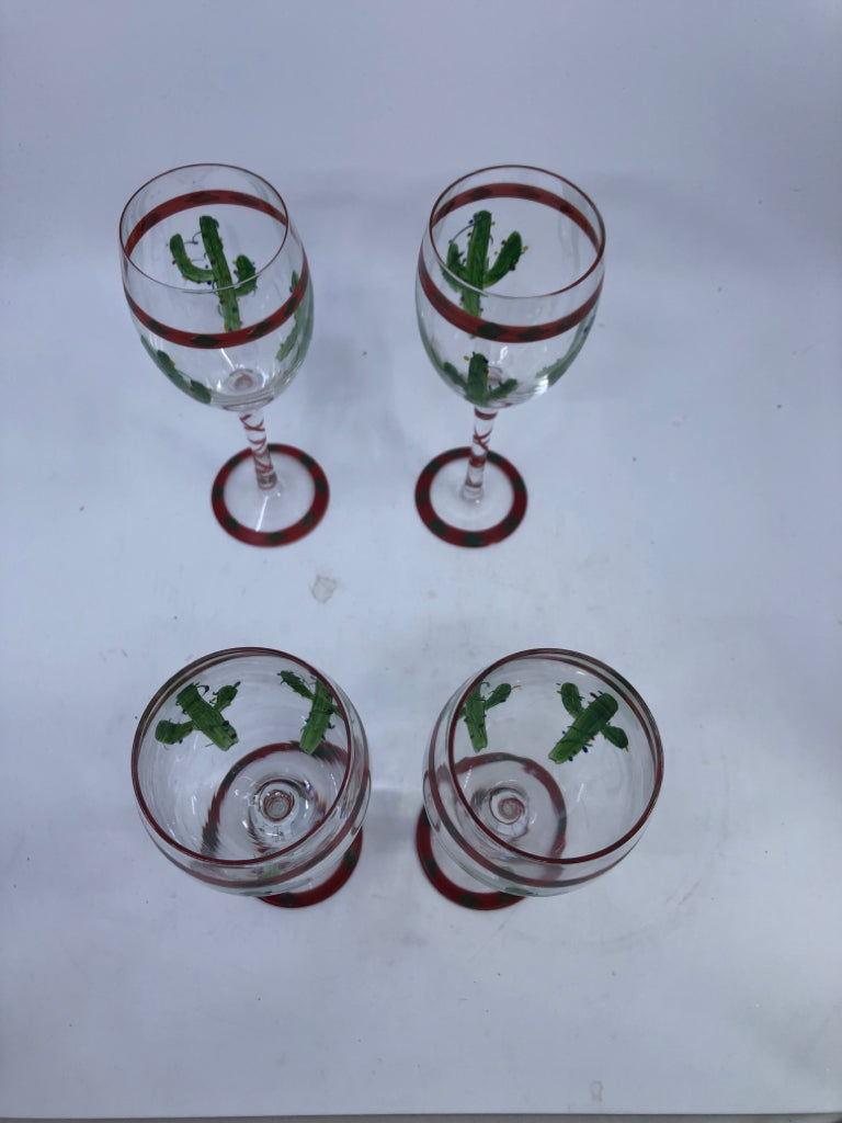 4 PAINTED CHRISTMAS CACTUS WINE GLASSES.
