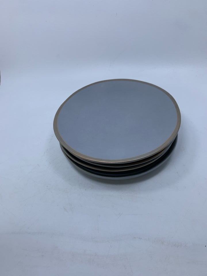 4 PALE BLUE LUNCH PLATE W/ FADED GOLD RIM.