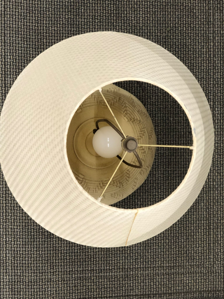 CREAM AZTEC LAMP W TAN SHADE.