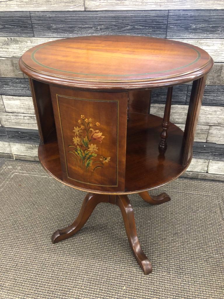 VTG 2-TIER END TABLE W/HAND-PAINTED SPINNING PANELS.