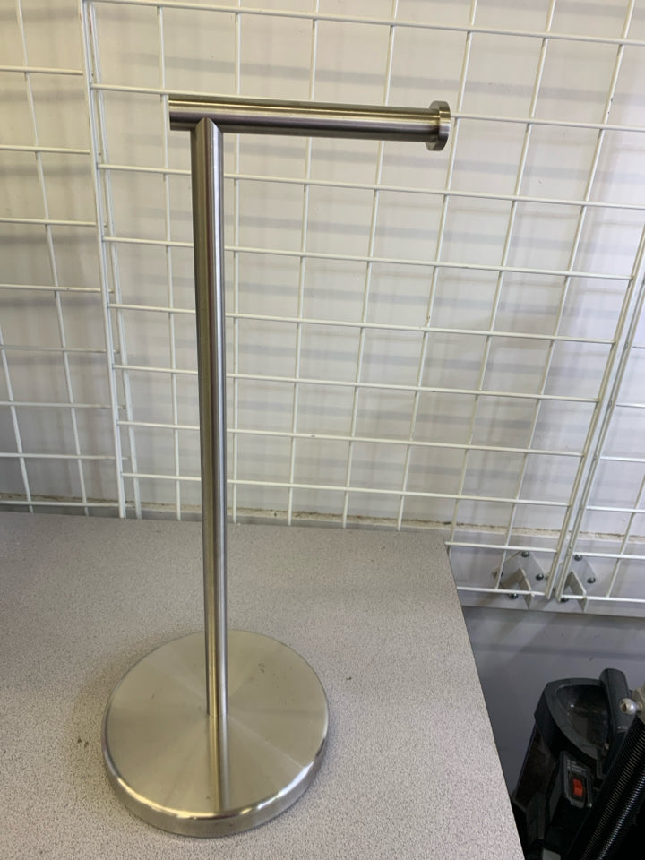 SILVER METAL STANDING TOILET PAPER HOLDER.