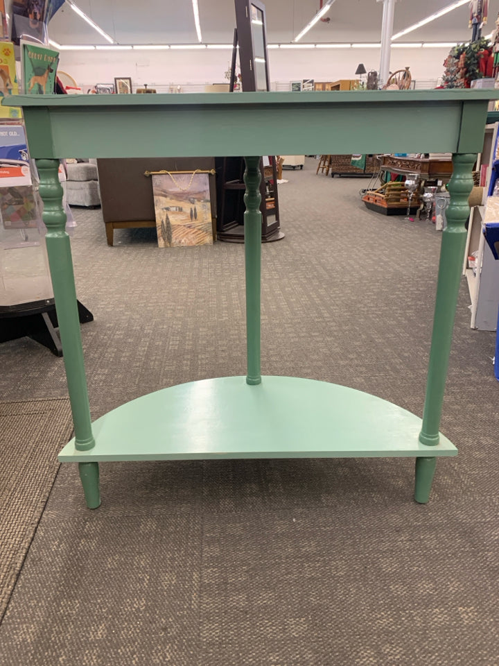 TEAL PAINTED HALF MOON TABLE.