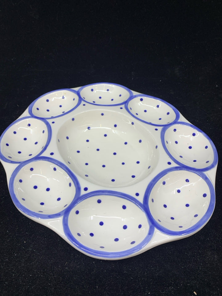 WHITE BLUE POLKA DOT EGG HOLDER.