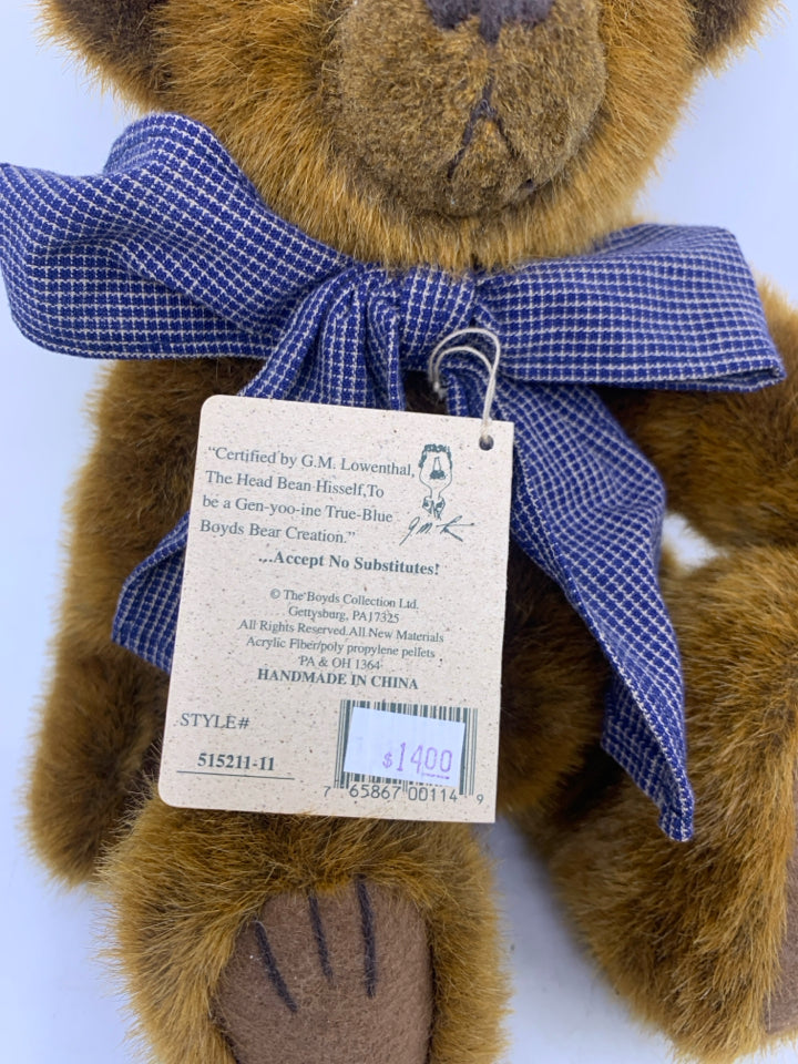 CARMEL BEAR W/ BLUE PLAID BOW.