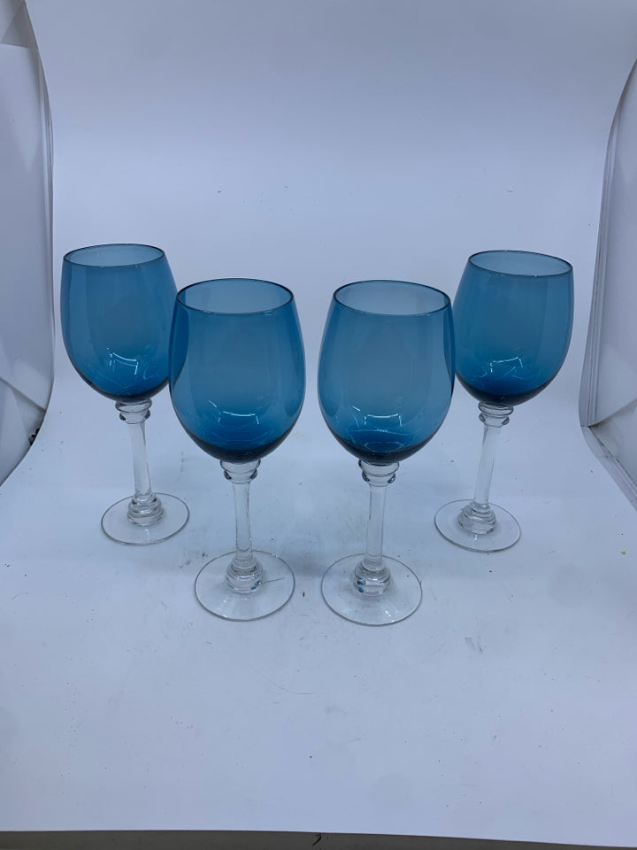 4 BLUE CLEAR STEM WINE GLASSES.