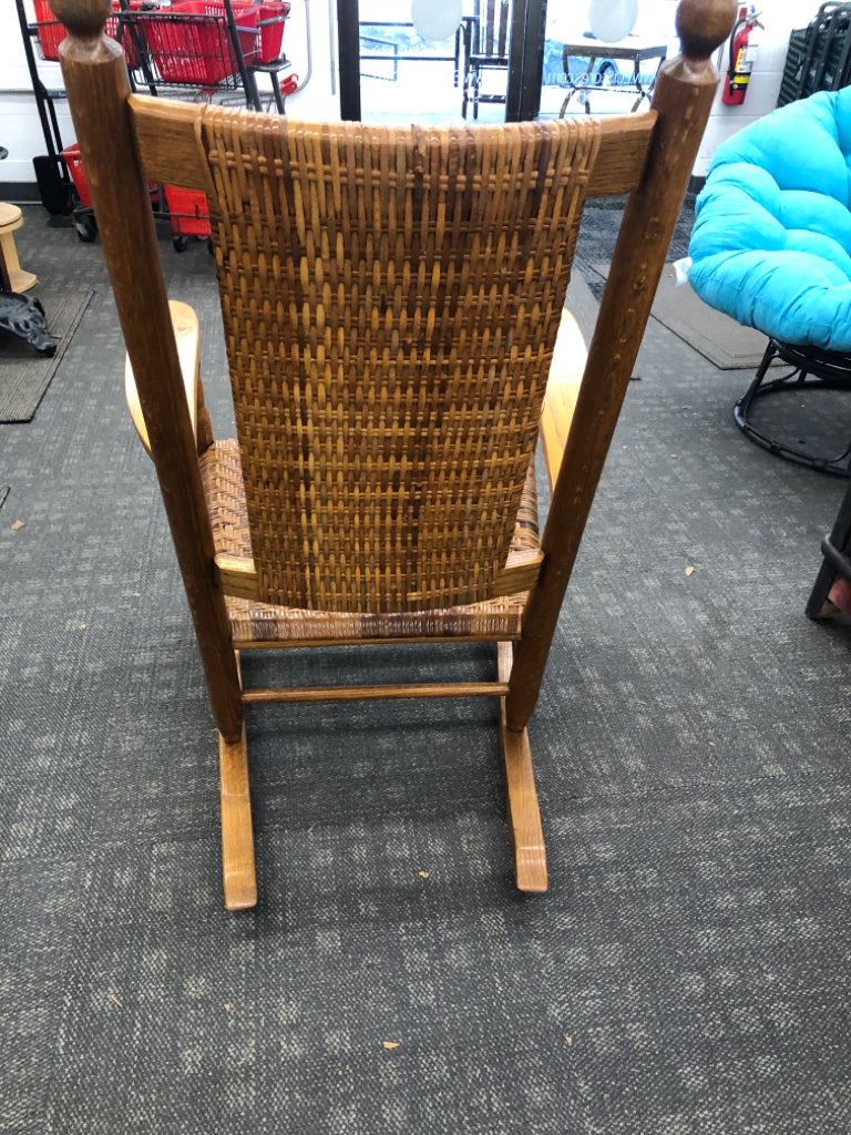 WOOD ROCKING CHAIR W/ WOVEN SEAT/BACK.