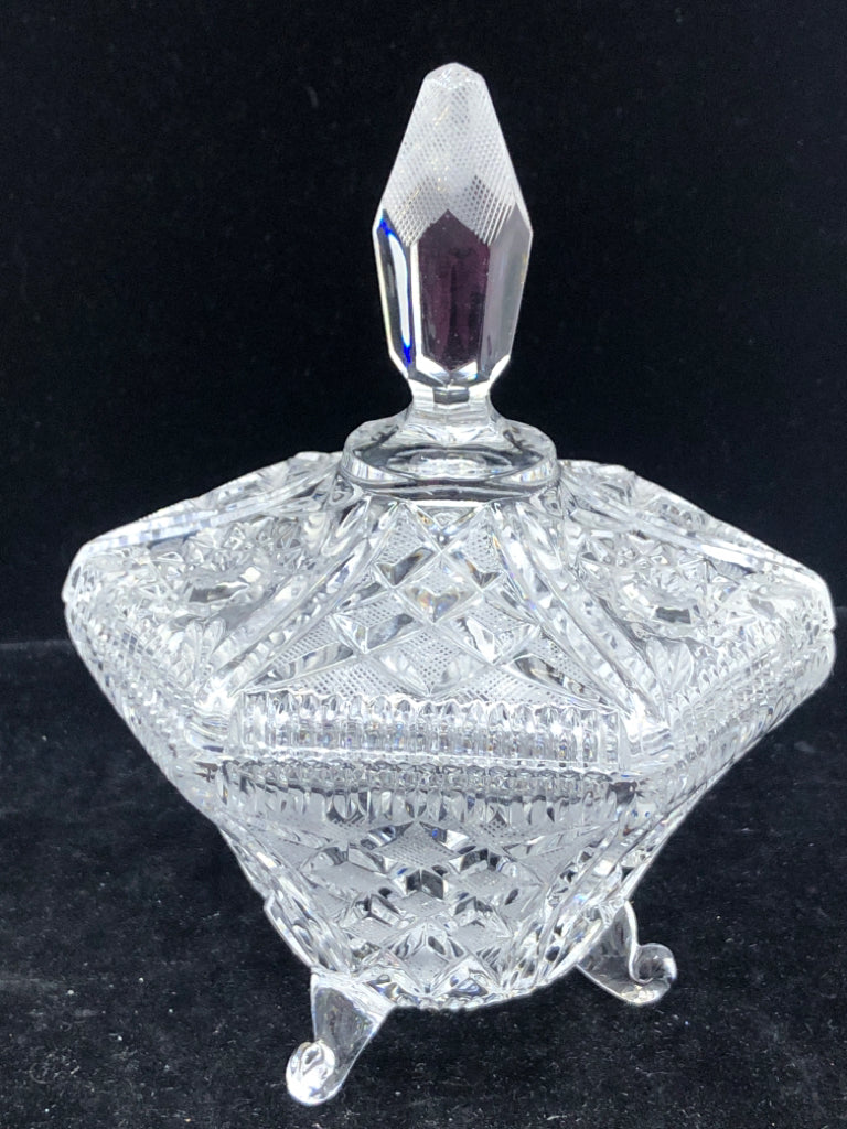 CUT GLASS FOOTED CANDY DISH W LID.