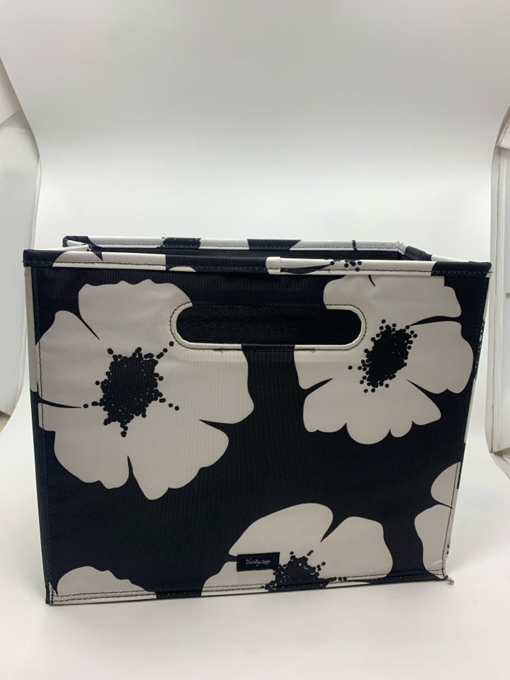BLACK W/WHITE FLOWERS FABRIC MAGAZINE BIN.