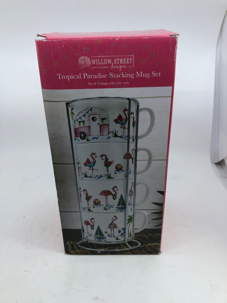 NIB TROPICAL PARADISE STACKING MUGS W/ FLAMINGOS.