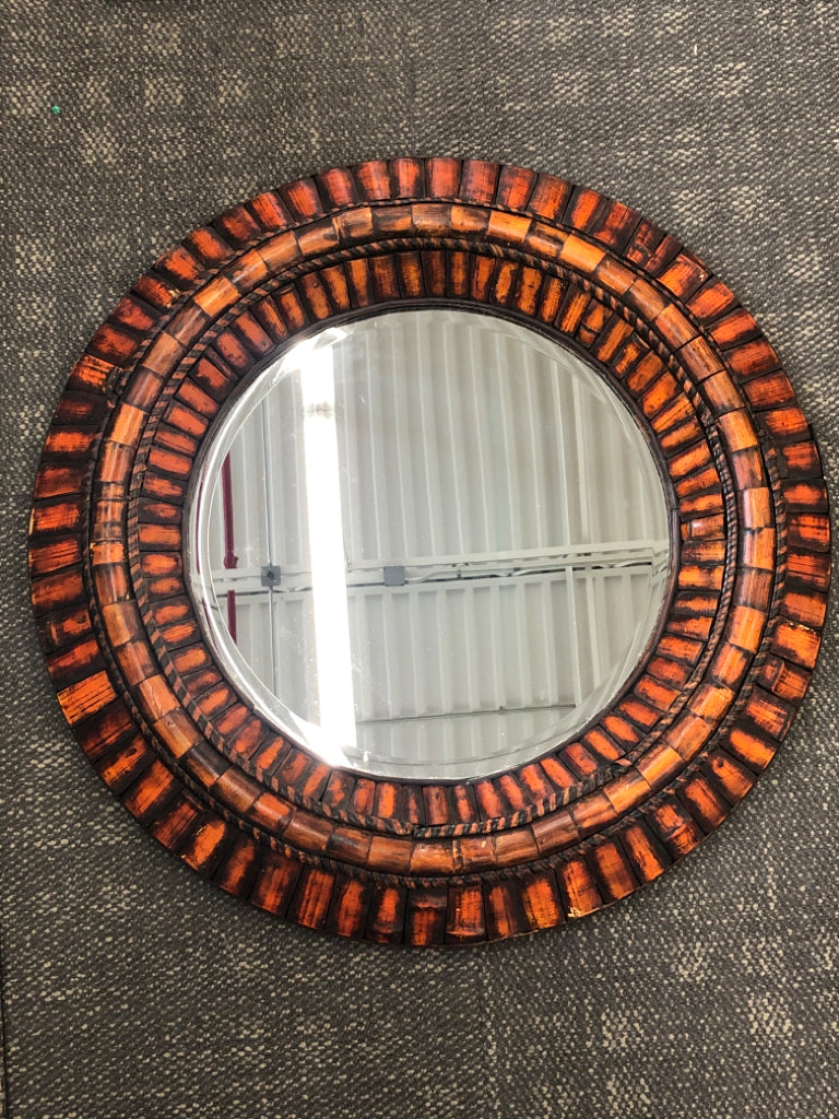 ROUND BAMBOO FRAMED WALL MIRROR.