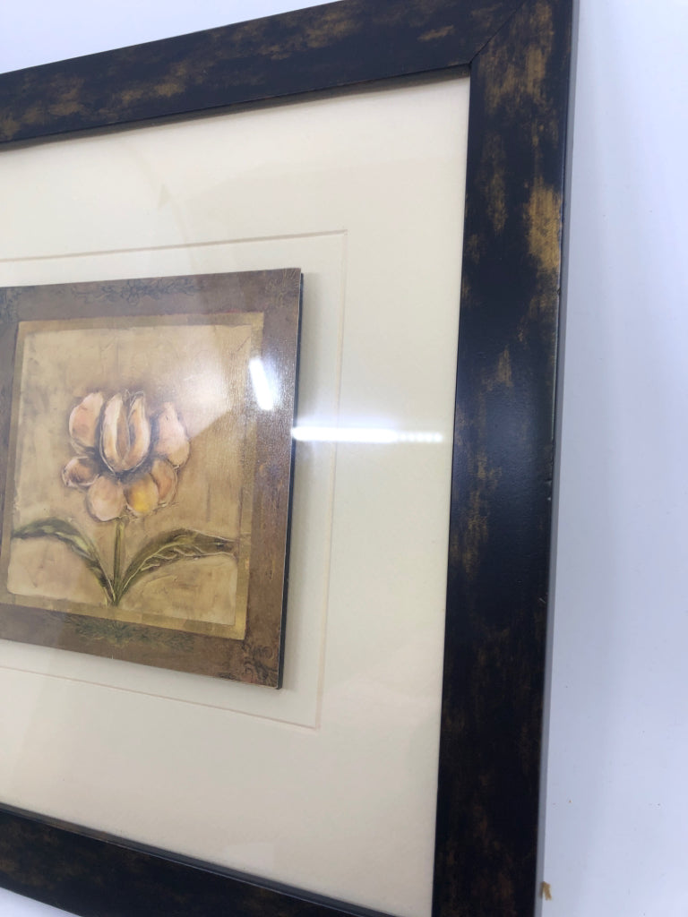 TAN IRIS FLOWER SHADOWBOX ART IN DK WOOD FRAME.