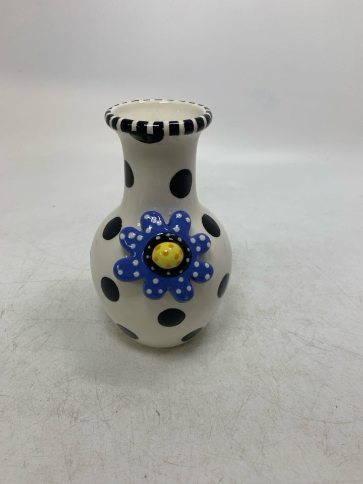 POLKA DOTS W/ EMBOSSED BLUE FLOWER BUD VASE.
