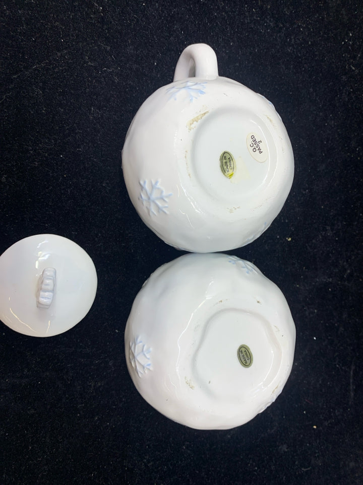 2 SUGAR & CREAMER SNOWBALL SHAPED SNOWFLAKES.