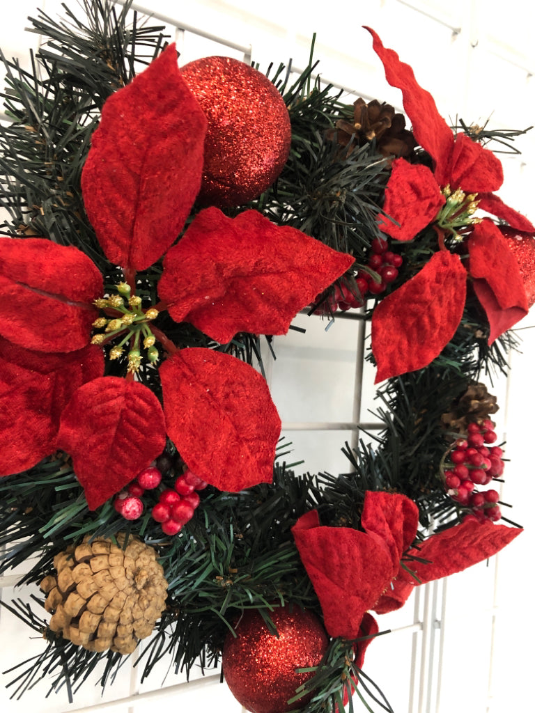 RED POINSETTIA GLITTER ORNAMENT WREATH.