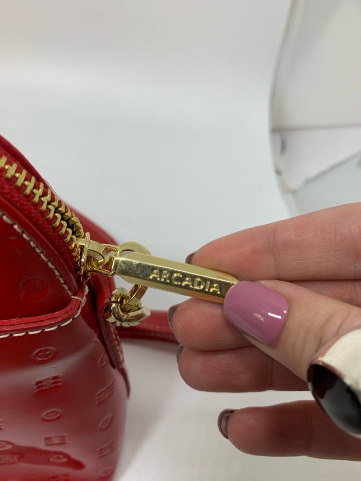 Arcadia Red Patent Lego Embossed Zip Top Shoulder Bag *Minor Interior Stains