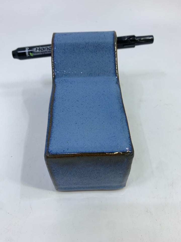 BLUE GLAZED POTTERY ABSTRACT PEN HOLDER.