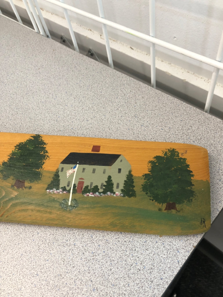 PRIMITIVE PAINTED VILLAGE ON WOOD PLANK.