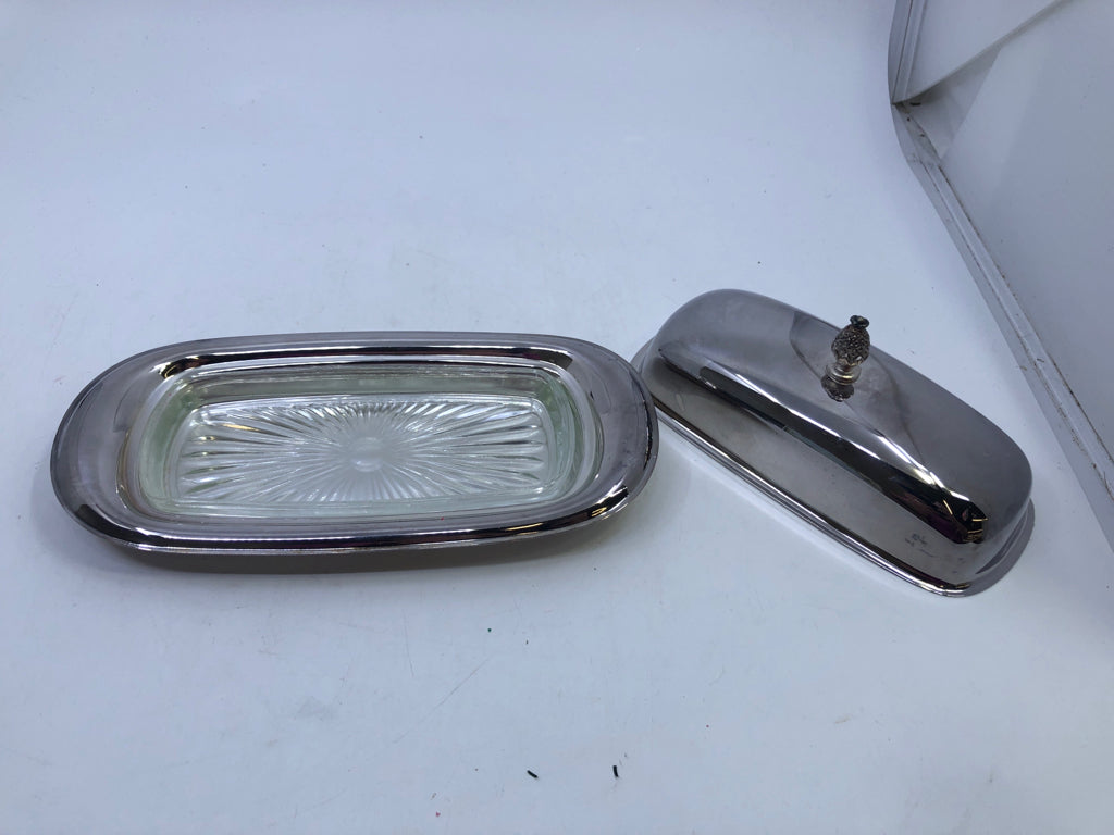 METAL + GLASS BUTTER DISH.