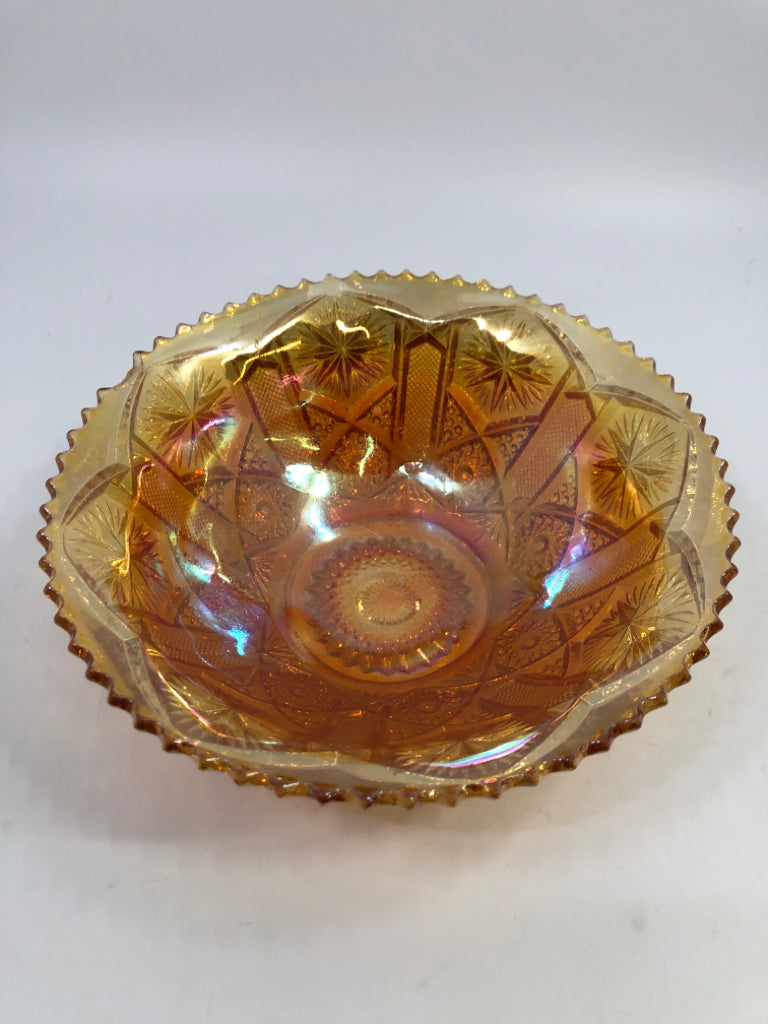 PEACH MARIGOLD CARNIVAL GLASS BOWL W/SAWTOOTH EDGE.