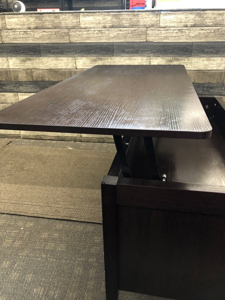 DARK FAUX CHERRY WOOD LIFT TOP COFFEE TABLE W/ 3 CUBBIES.