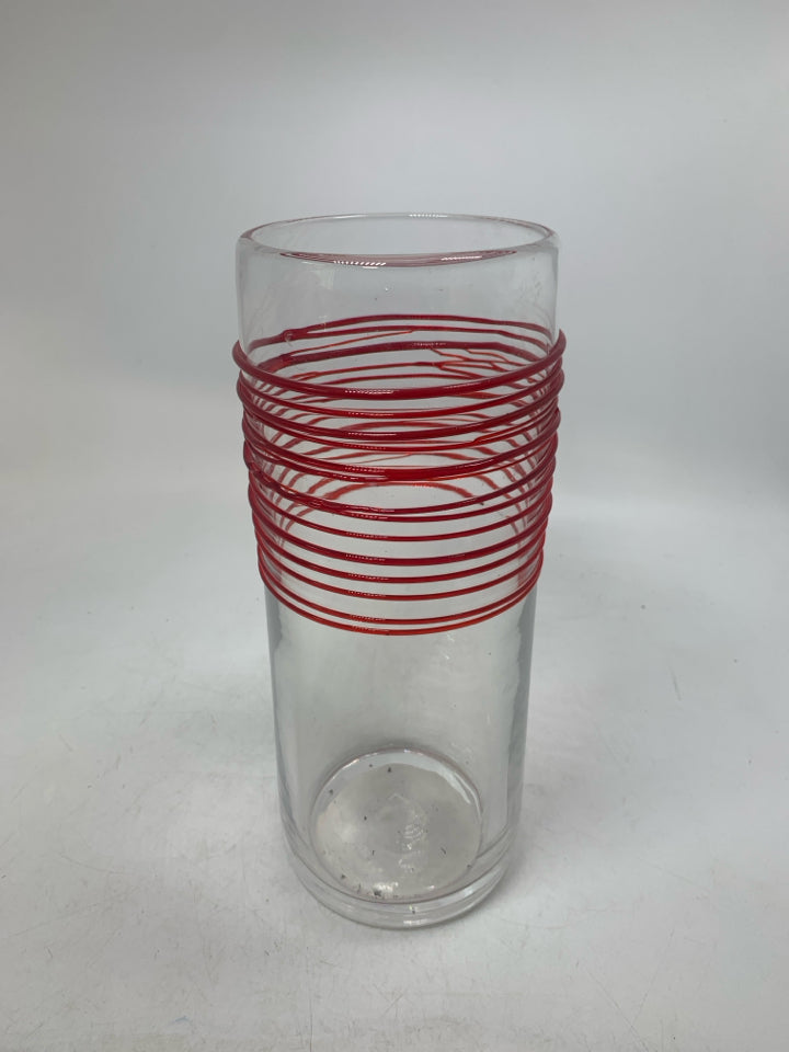 BLOWN GLASS CYLINDER VASE W/ EMBOSSED RED LINES.