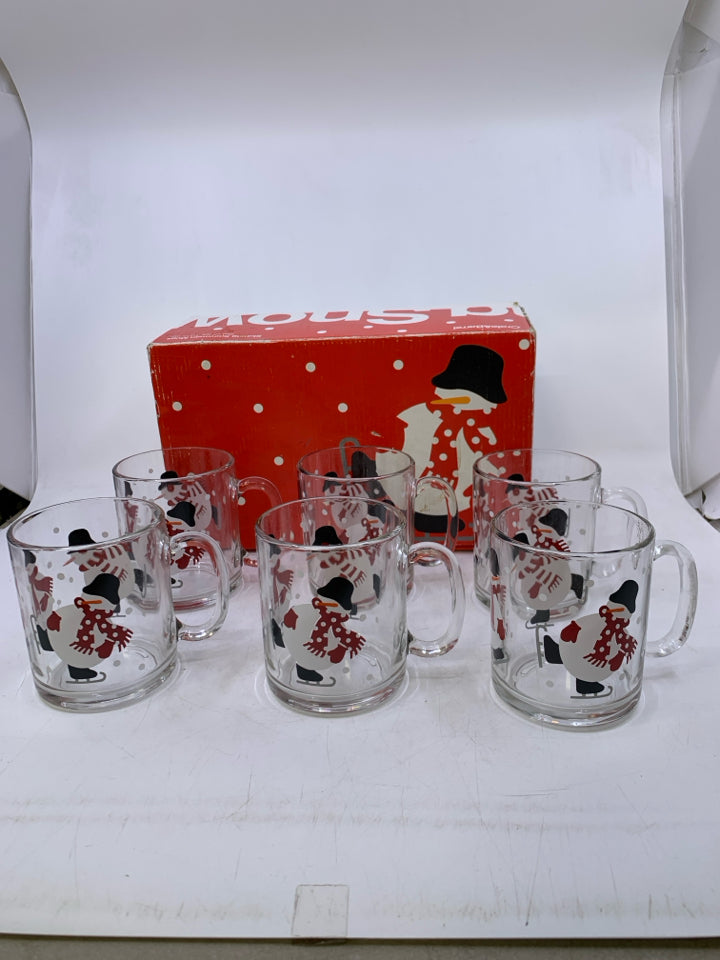 6 SNOWMAN GLASS CUPS- CRATE & BARREL.