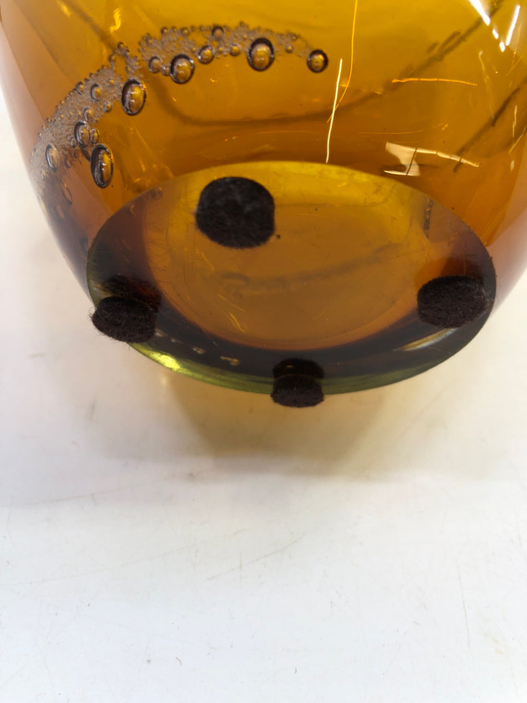 HEAVY BLOWN GLASS AMBER VASE W/ BUBBLES FOLDED NECK.