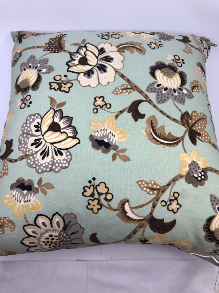 AQUA AND TAN FLOWERS PILLOW.