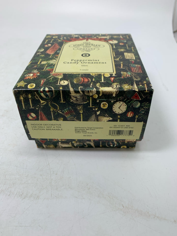 NIB JOHN DERIAN GLASS PEPPERMINT CANDY ORNAMENT.