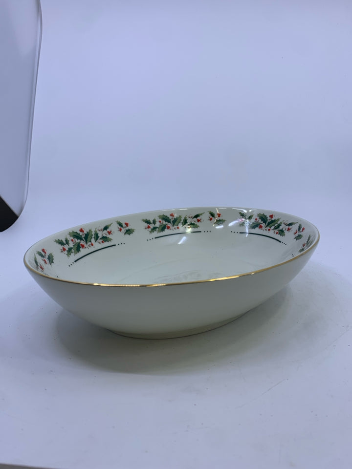 OVAL CREAM HOLLY RIMMED BOWL.