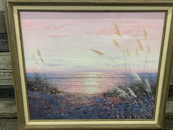 PINK BEACH SUNSET IN WOOD FRAME WALL HANGING.