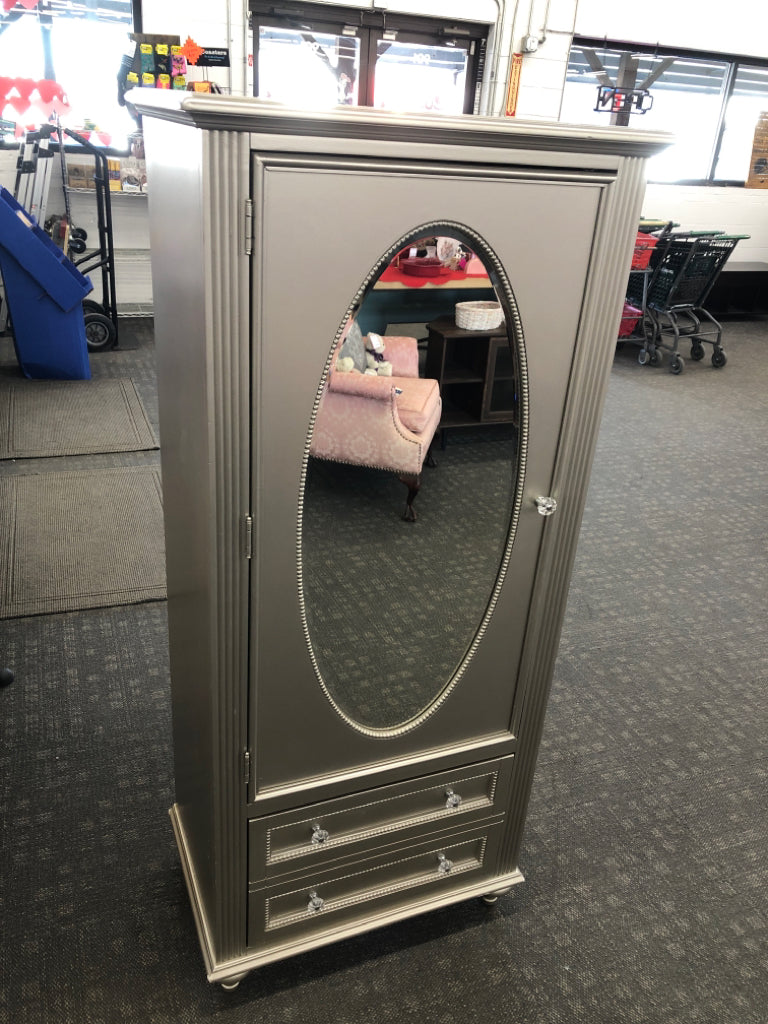 SILVER ARMOIRE W/MIRRORED DOOR & 2 DRAWERS *MINOR WEAR.