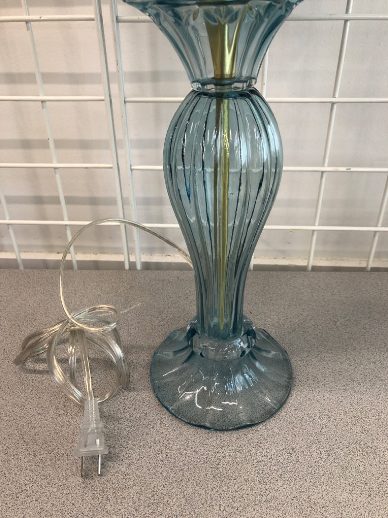 LT BLUE GLASS LAMP W/BOTANICAL SHADE.