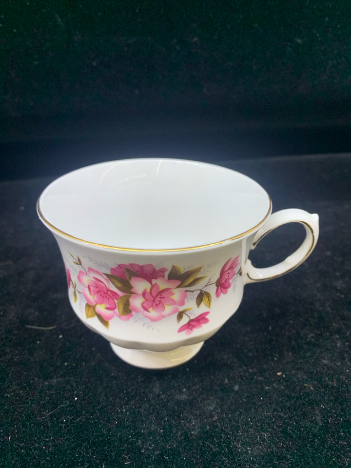 VTG PINK FLORAL W GOLD RIM TEACUP AND SAUCER.