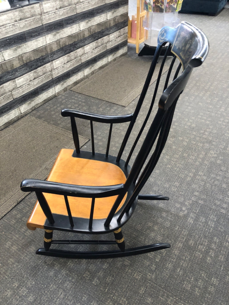 VTG BLACK WOODEN ROCKING CHAIR W/PAINTED FRUITS.