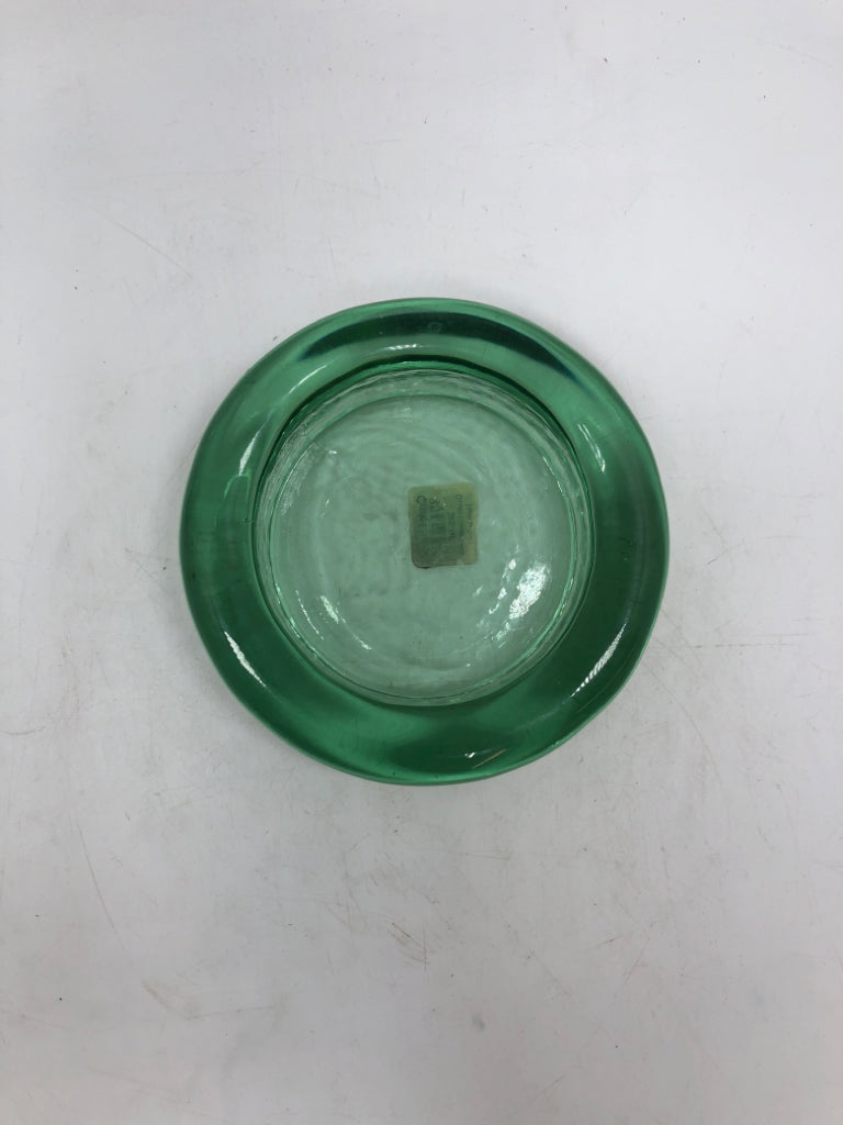 HEAVY GREEN GLASS PILLAR CANDLE HOLDER.