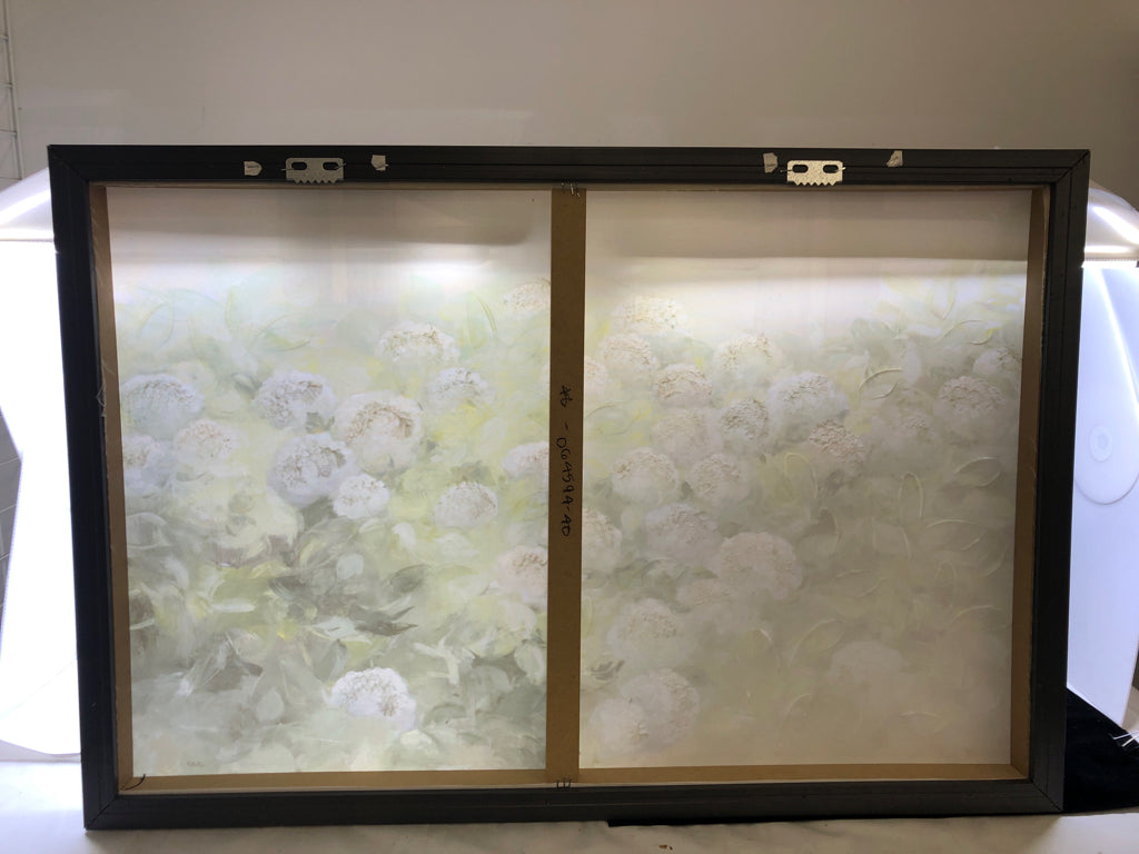WHITE HYDRANGEAS CANVAS W/ SILVER FRAME.