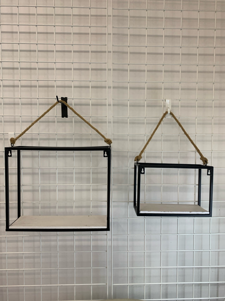 2 BLACK METAL WHITE SHELVES WITH ROPE.