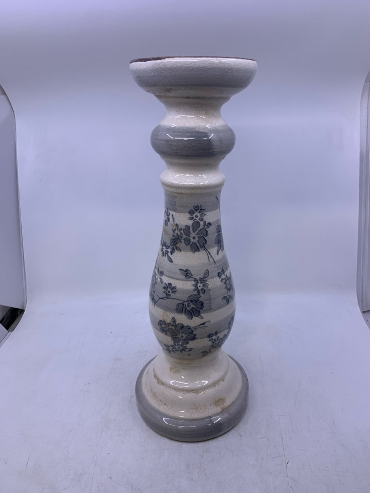 LARGE CERAMIC WHITE/GREY CRACKLE W/ FLOWERS PILLAR CANDLE HOLDER.