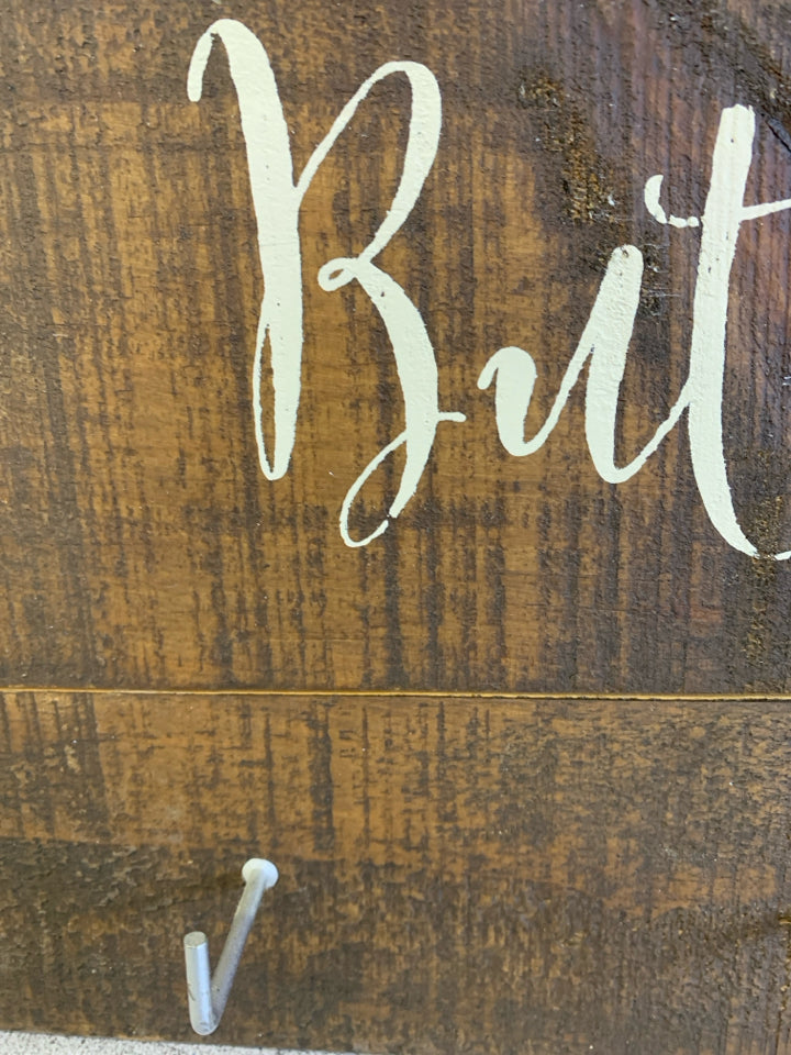 BUT FIRST COFFEE WOOD WALL HANGING W/HOOKS.