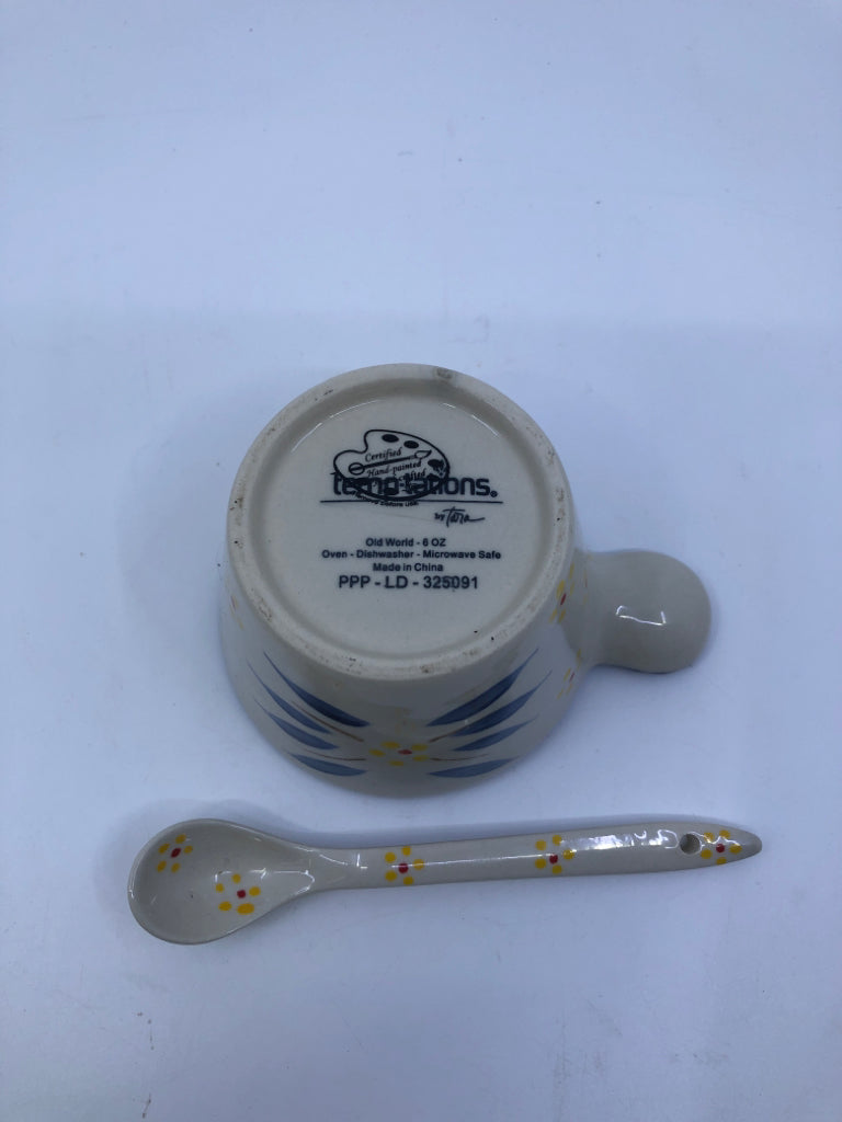 PETITE SERVING BOWL WITH SPOON CREAM,BLUE,YELLOW FLOWERS.