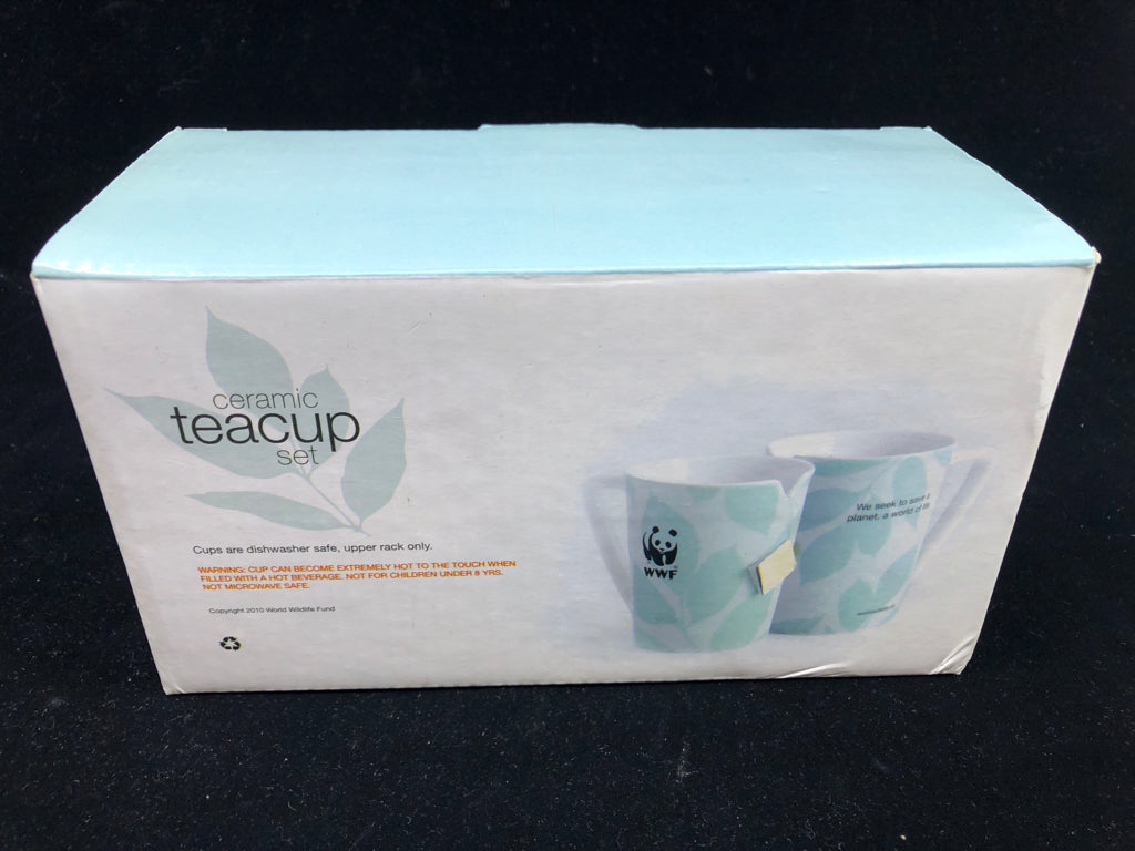 NIB 2 CERAMIC TEA CUP SET TEAL LEAVES.