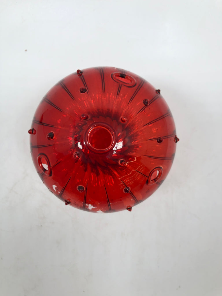 RED GLASS MUSHROOM BUD VASE.