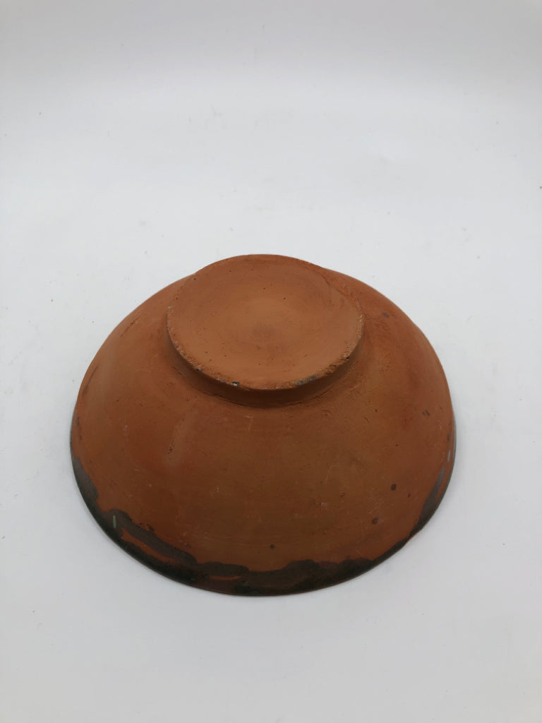 GREEN/BROWN GLAZED TERRA COTTA BOWL.