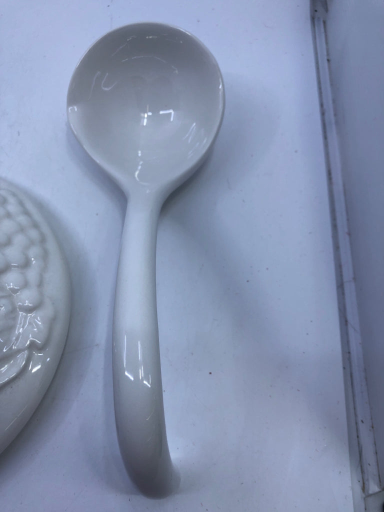 EMBOSSED FRUIT SOUP TUREEN + LADLE.