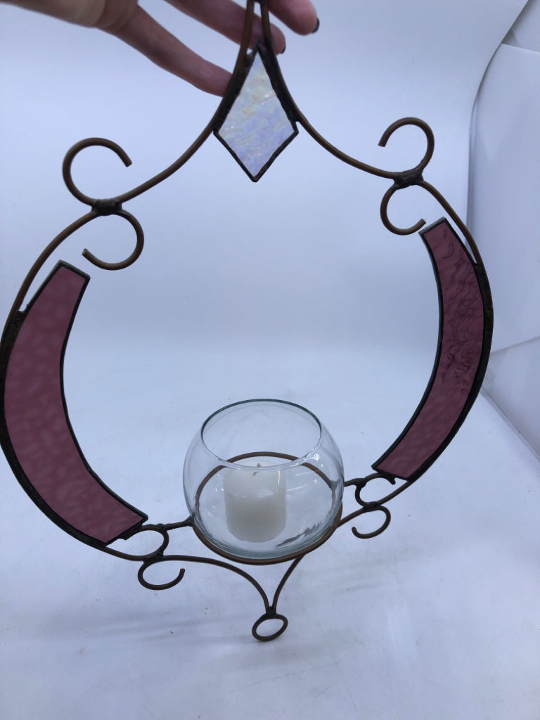 STAINED GLASS AND SCROLL CANDLE HOLDER.