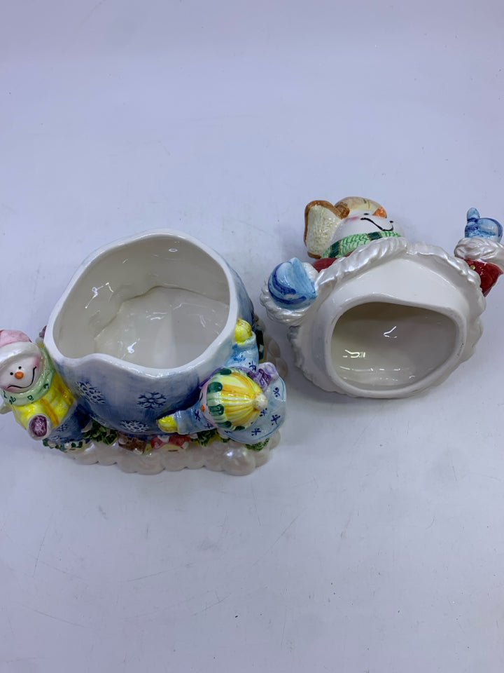 CERAMIC SNOWMAN W/2 SNOW CHILDREN COOKIE JAR.